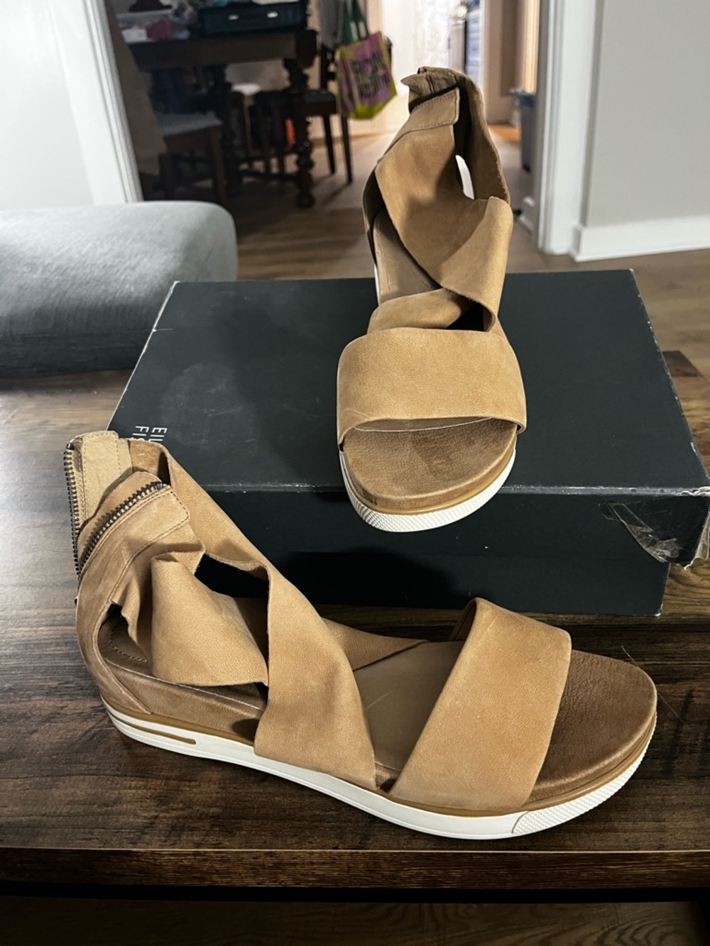 Eileen Fisher Tan Suede Wrap Zip-Back Sandals